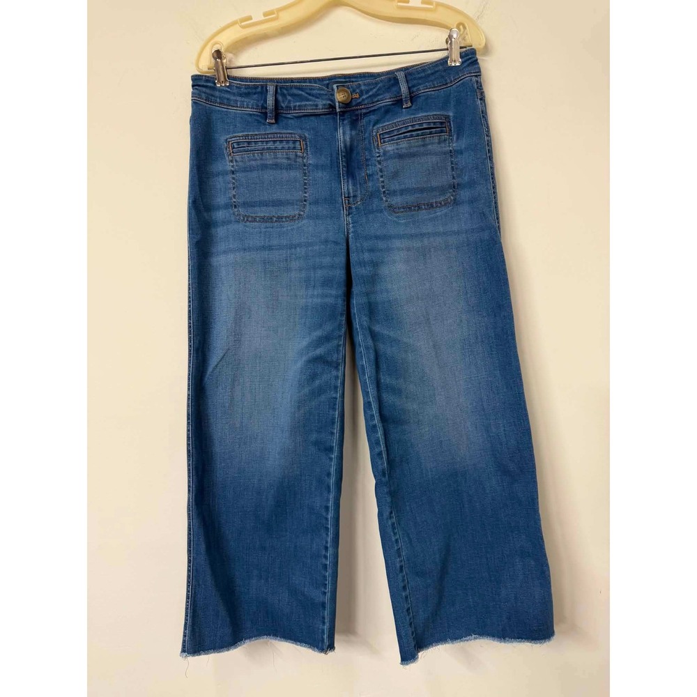 J. Jill Denim Wide Leg Crop Jeans Blue Medium Wash Raw Hem Patch Pockets 10R